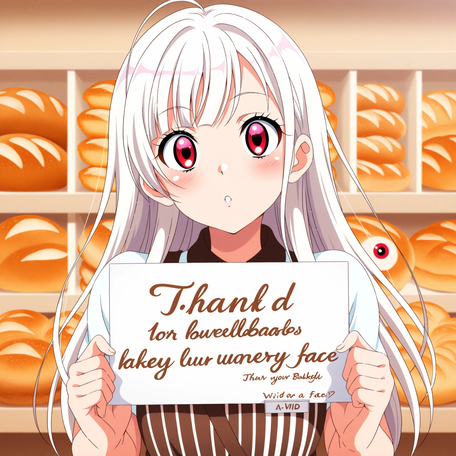 ((Best Quality)), ((Masterpiece)), (detailed), 1 girl, Pastel yellow hair, long hair, hair covers one eye, purple eyes, tight, big breasts, big thighs, expression smiling shy, white vote t-shirt, purple skirt, brown pantyhose, feeding the viewer, mouth avert, holding a bread