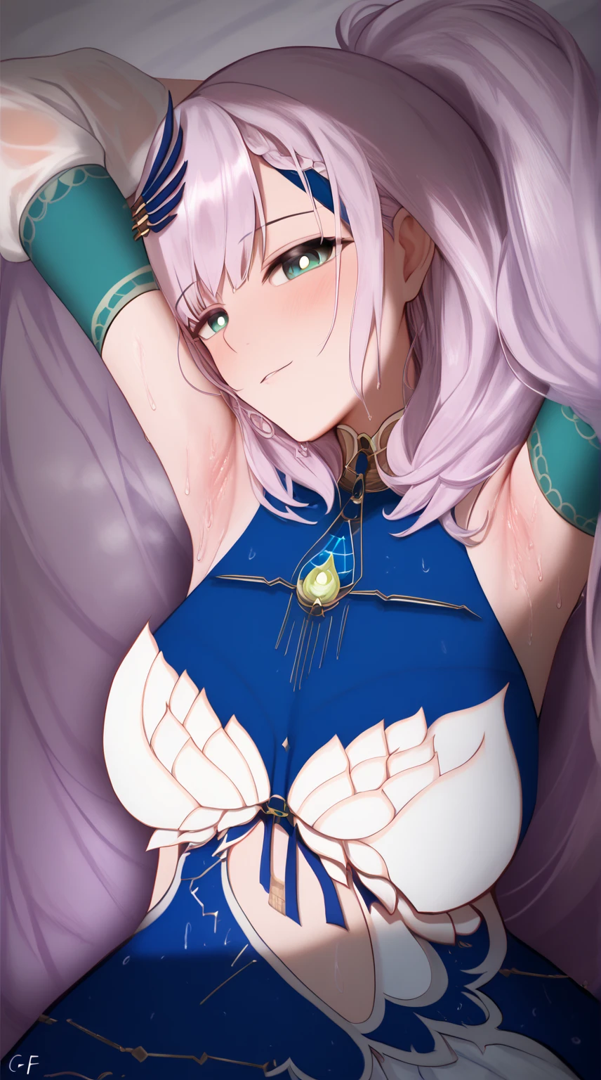 ((masterpiece)), Highest quality, Very detailed,(One Girl),Finafam Earth Light、Finafam Earth Light, Green Eyes, Long Hair, Purple Hair, dress, gloves, jewelry, Cleavage, PRİNCESS,elbow gloves,tiara,brooch,white gloves,Beautiful background, chest, Bent body,Lie in, The dress is falling apart, Look to the side, Worried face, The female genitals are in full view, Drunk look, Hot body、Sweaty、Spread your legs、Opening the vagina with your fingers、Female genitalia seen deep inside、 Browsing Caution, (((Trembling Body))), (((Squirting climax))), (((aroused))), (((in heat))), (((Drooling))), NSFW, (((Falling into Pleasure))), (((corruption)))