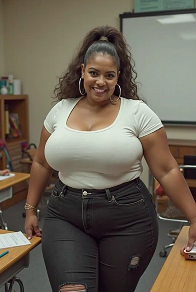 Light skinned African American women, fluffy big curly afto, glasses, cute face card, big mommy milker tits, Juicy fat ass, wearing no clothes naked, at elementary school with kids sitting in desk,nude