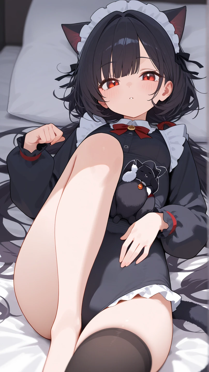 masterpiece, best quality, a girl sitting in bed with her legs slightly opened, 1girl, solo, black hair, twintails, very long hair, bangs, blue eyes, small breasts, petite, tsundere pout, cute, red sweater, turtleneck sweater, long sleeves, panties, thighhighs, bedroom, bed, sitting in bed, hand covering pelvis, hand censor, sfw