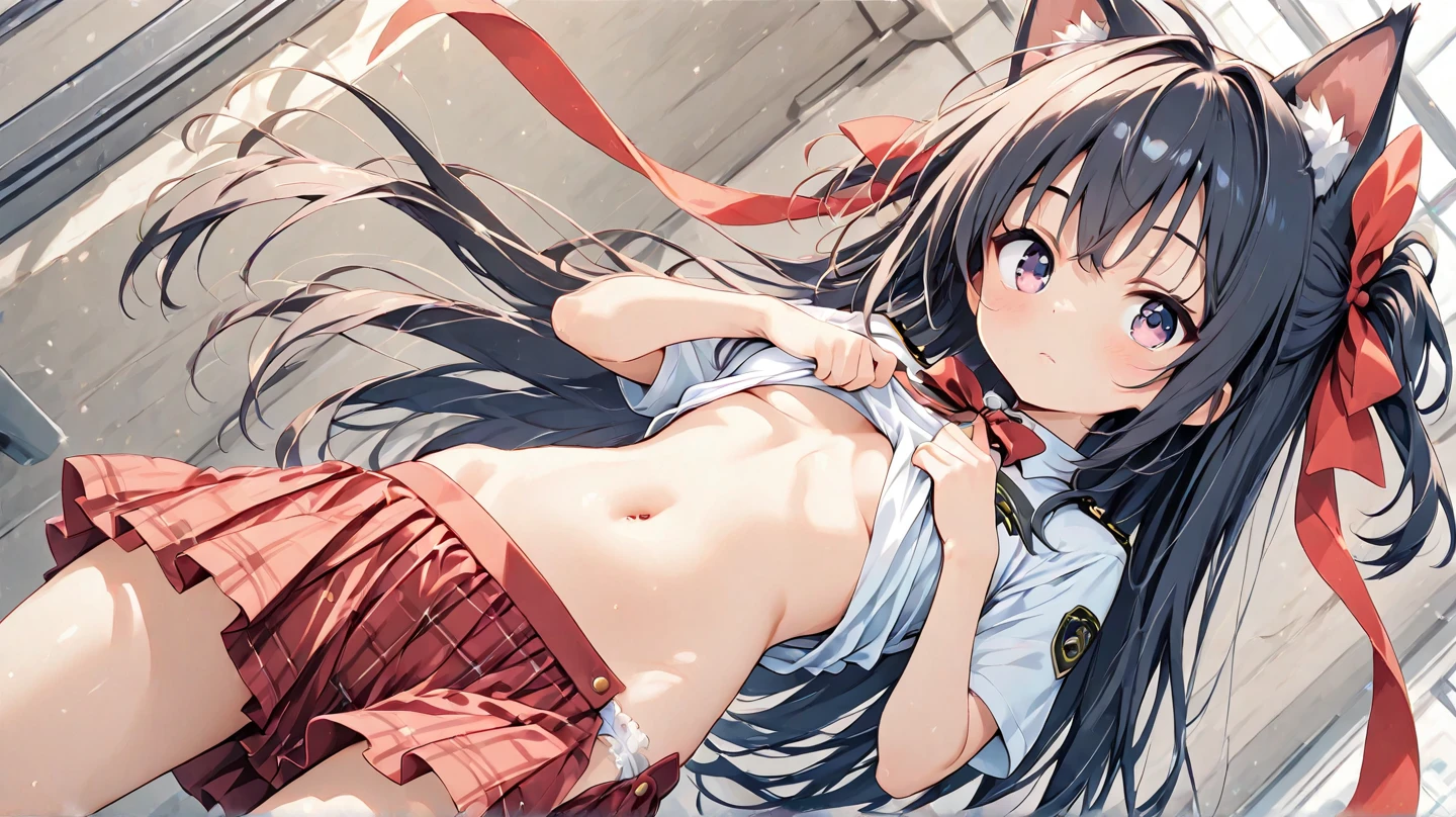 1girl, petals, rose_petals, cherry_blossoms, falling_petals, yamakaze_\(kancolle\), 
the present is me,
petals_on_liquid, ribbon, long_hair, confetti, thighhighs, solo, naked_ribbon, breasts, panties, black_legwear, lying, blush, hair_between_eyes, underwear, heart, bed_sheet, white_panties, looking_at_viewer, hair_ornament, on_back,
