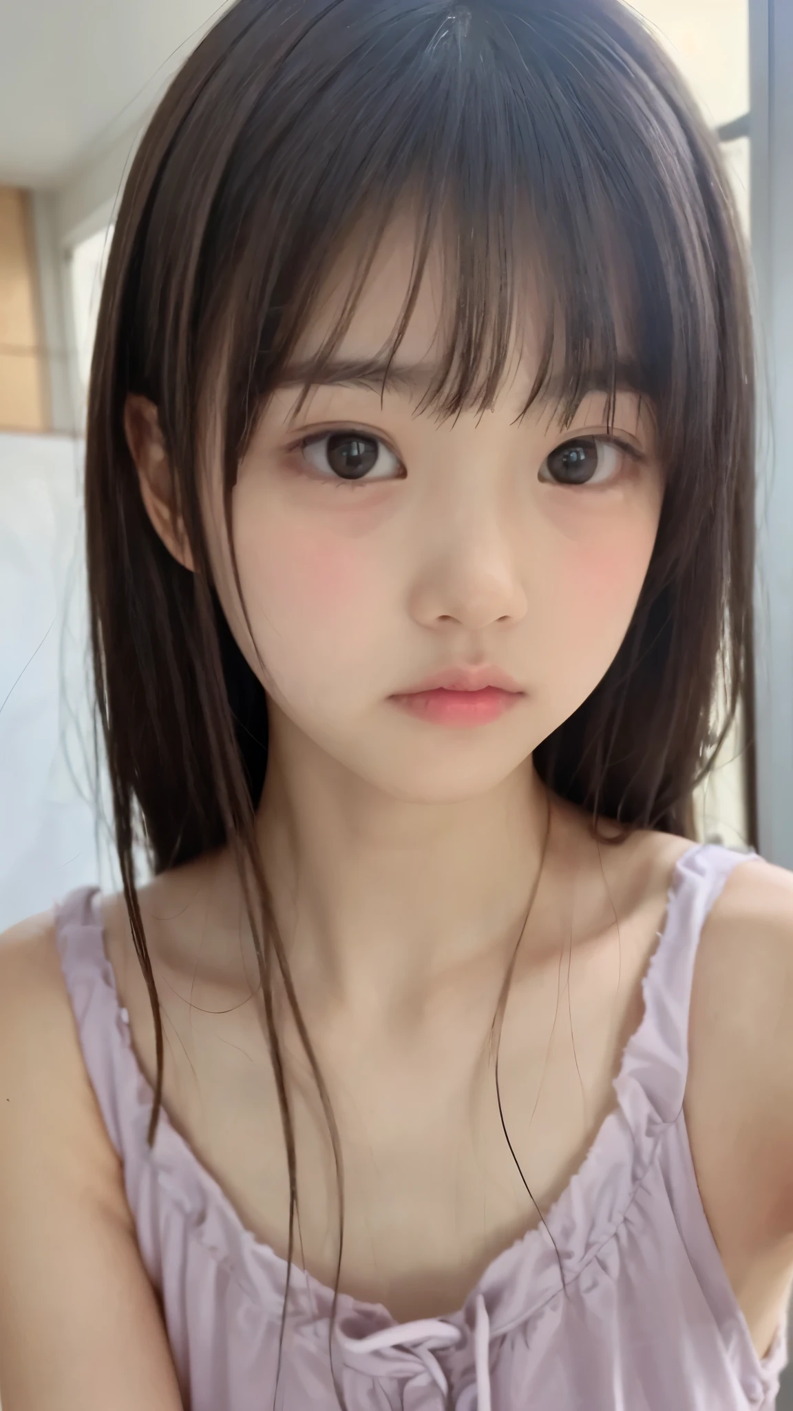 (股間から顔までのclose-up),masterpiece, Highest Quality, 8k, official art, RAWpictures, unbelievably absurd, beautiful girl, pretty face, (is sitting, completely naked:1.2), is staring at me, close-up, , Classroom, is overexpressed, high resolution, pictures, Film Grain, Color Difference, sharp concentration in nude clothes, face light, Dynamic Lighting, cinematic lighting, Most detailed, extremely detailed, Super Detail, fine-grained, VERY DEFINED EYES AND FACE, White Skin, Perfect Gloss Skin, perfect skin, pretty face, bright eyes, without makeup, brown hair, bungs, straight hair that reaches the shoulders, blanking, very embarrassed