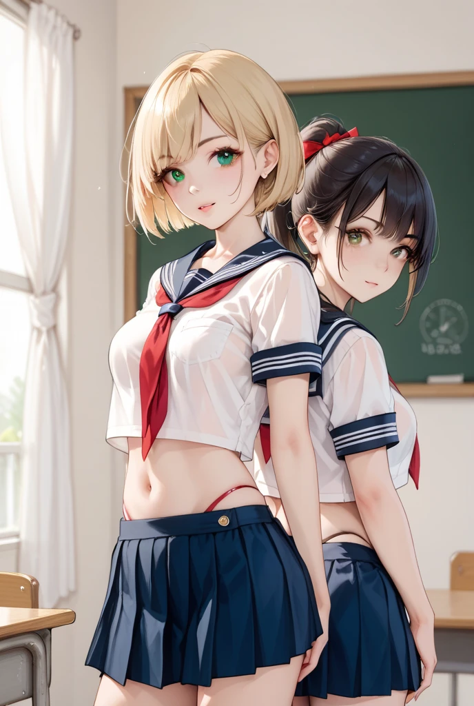 Highest quality、High resolution、Detailed Background、(Beautiful face in every detail:1.4)、Anatomically correct、(Detailed facial expressions)、
Teenage beauty、(Highly detailed face:1.2)、(Huge breasts:1.2)、cute hair color、Bobcut、ponytail、cute hairstyle、Attractive Big Butt、Perfect body line、well-groomed eyebrows、cute gesture、
(Two beautiful girls sitting at a desk in a classroom with big smiles:1.5)、
Navy blue sailor suit、White sailor collar、Pleated mini skirt、White Stockings、
Under the skirt、Under the skirt、(close-up underwear From below:1.3)、From below、Are standing、
Butt、Panty shot、(underboob:1.3)、Panty Shot、cute