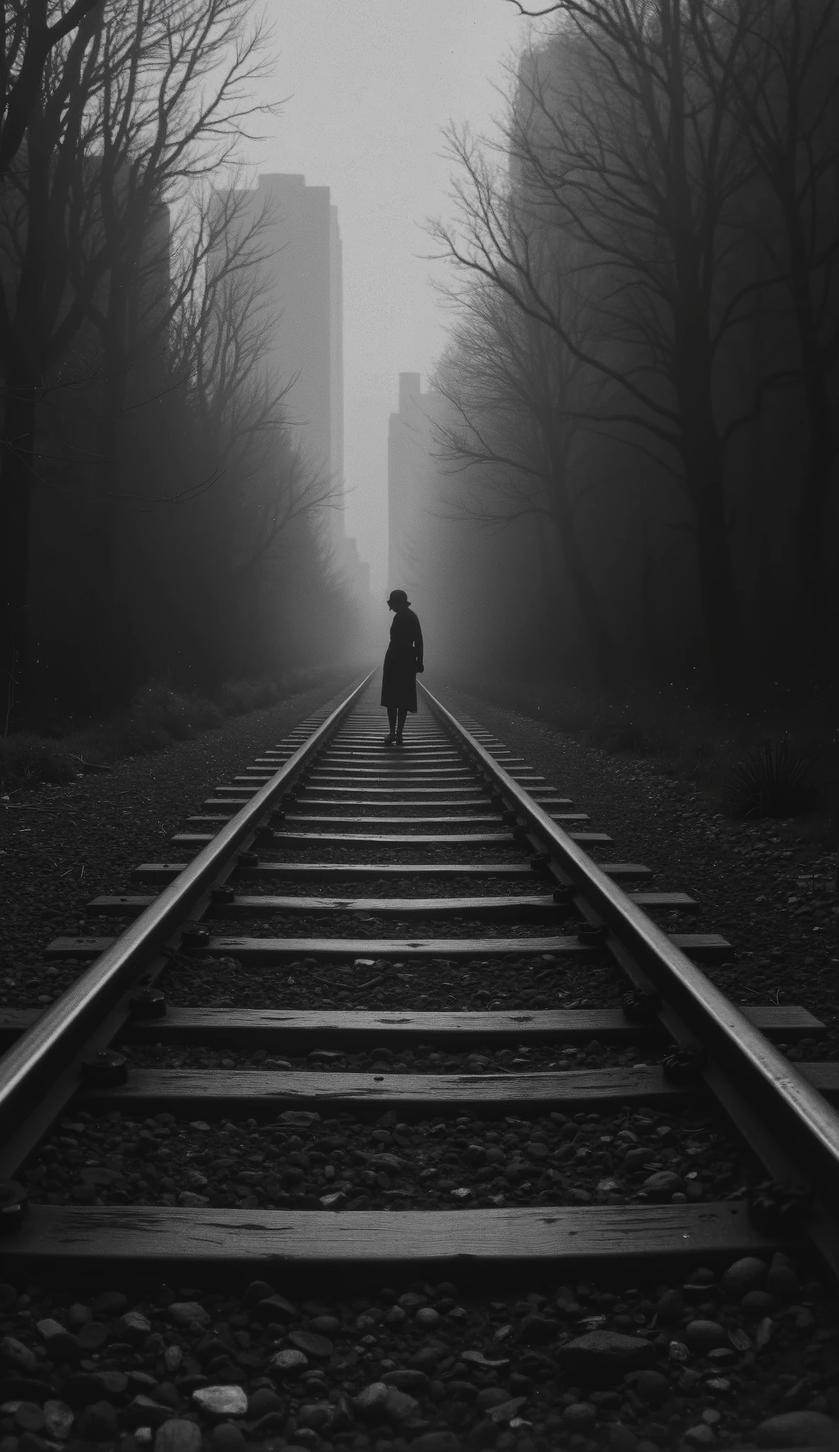 1925 Dramatic shot of the train track, track in which the ghostly and sinister figure in the distance of a dark woman, Faceless is floating on the, Cinematic, surreal style, with a dreamlike atmosphere.