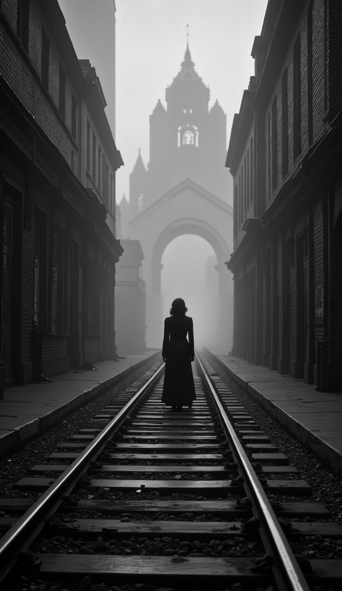 1925 Dramatic shot of the train track, track in which the ghostly and sinister figure in the distance of a dark woman, Faceless is floating on the, Cinematic, surreal style, with a dreamlike atmosphere.