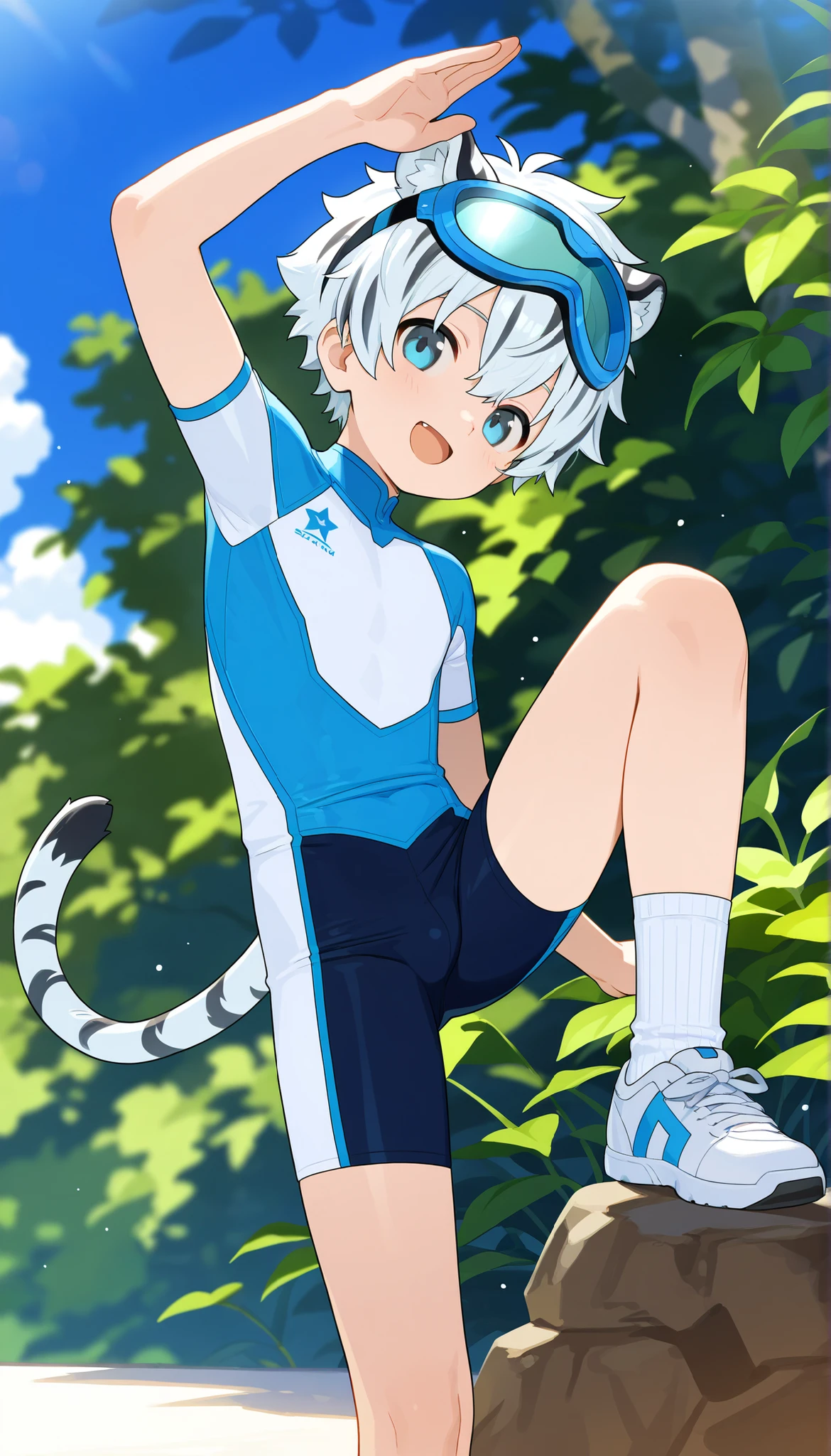 a boy, short hair,cute,一个棕发的穿着白色裤袜的 Shota, wearing goggles on the head, White Tiger Ears , masterpiece, best quality ,male focus, Shota,summer,Short sleeve,cowboy shot,Little Hero,happy,(( white socks)),sneakers,shota wearing a white form-fitting one-piece wrestling suit with a futuristic design featuring blue and white colors along with stylized graphics. The person's left hand rests on their torso, capturing the length of the body. The background shows a striped bedspread and indoor surroundings. Natural lighting softly illuminates the scene from the left, with a calm and relaxed atmosphere.