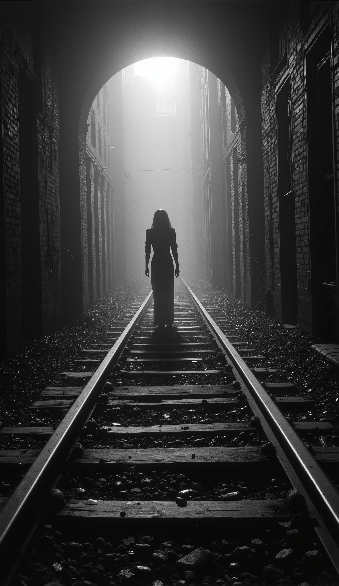 1925 Dramatic shot of the train track, track in which the ghostly and sinister figure in the distance of a dark woman, Faceless is floating on the, Cinematic, surreal style, with a dreamlike atmosphere.