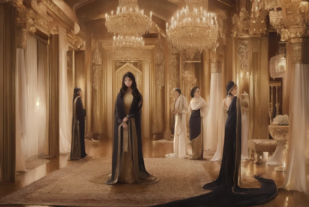 ((best quality)), ((Masterpiece)), (details), A photograph of a European woman wearing a royal robe with a serious expression sitting on a chair is in the center., Surrounded by seven fully naked women., large breasts, Straight hair and white skin, Some placed their hands on their shoulders or body.. The background is a room with luxurious decorations., The light is dim., Create a warm but lively atmosphere.. high resolution camera, Low-light photography, Inspiration of club culture, Modern Fashion, natural light, slightly shiny, Full body shot