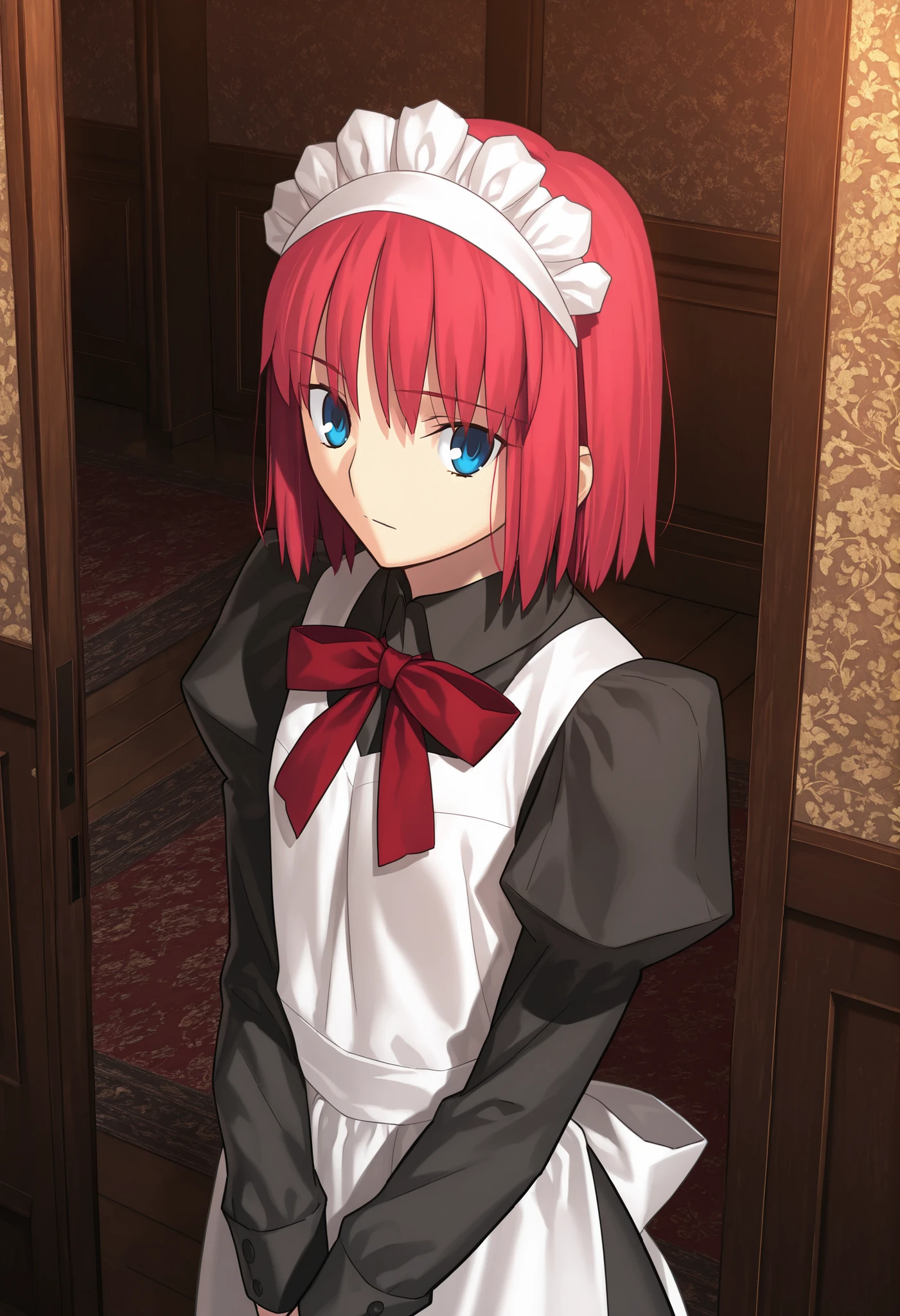 masterpiece, , absurdres, highres, detailed background, high resolution, masterpiece, necessary, detail, best quality, quality, necessary, details, High details, Precise, indoors, entrance, , medieval interior, gothic, from above, ,
1girl, , Takeuchi Takashi (type-moon,tsukihime) style, takeuchi takashi style, solo, arms front of her, (head tilt),
girl, (hisui (tsukihime), very light blue eyes, light red hair, short hair, bob cut, maid headdress, neck ribbon, red ribbon, juliet sleeves, maid, maid apron, collared dress), (tsurime), (), , ,
(black dress shirt, white apron), , dark red ribbon, small breast, flat chest, expressionless, looking at viewer, ,