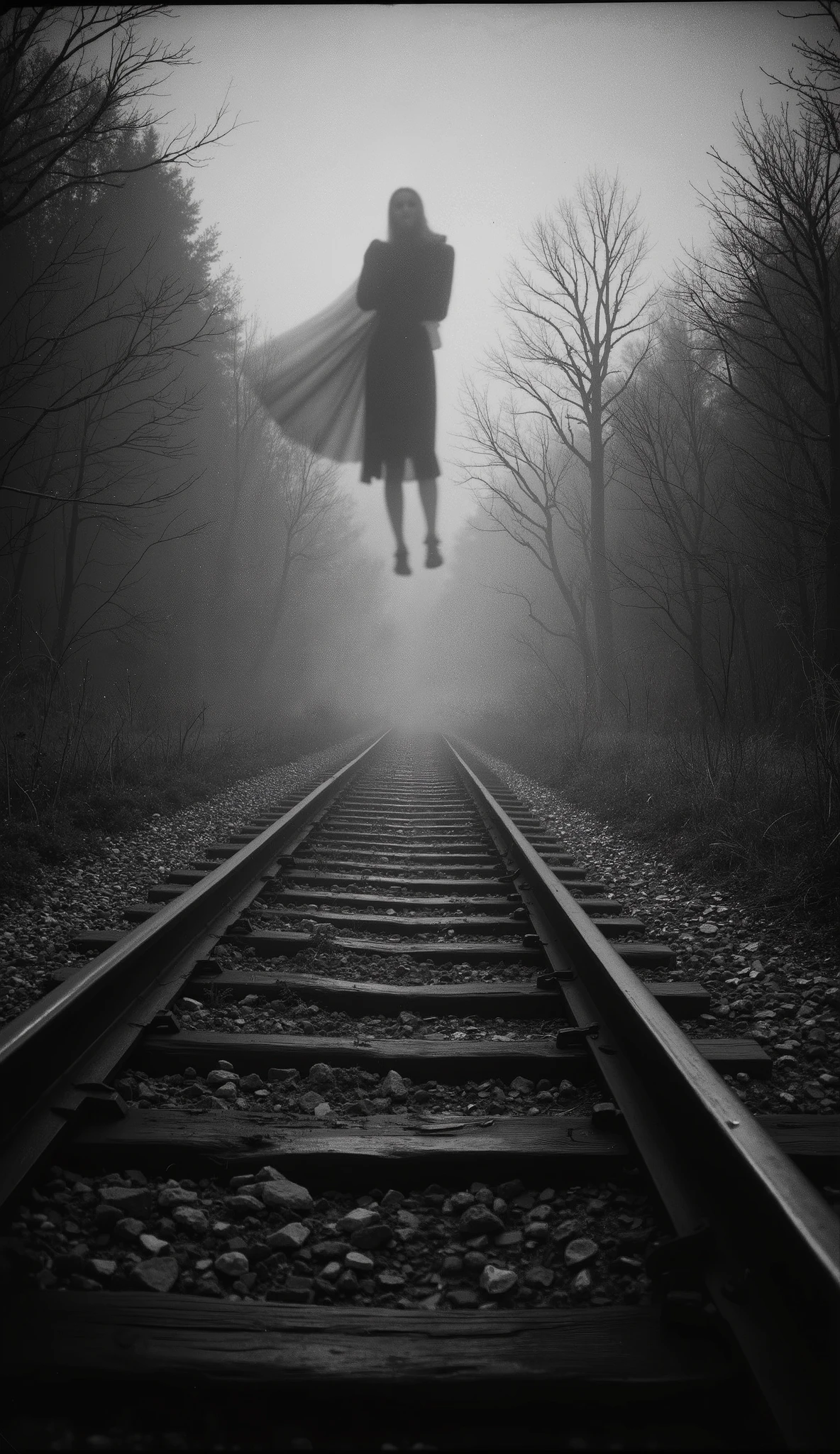 1925 Dramatic shot of the train track, track in which the ghostly and sinister figure in the distance of a dark woman, Faceless is floating on the, Cinematic, surreal style, with a dreamlike atmosphere.