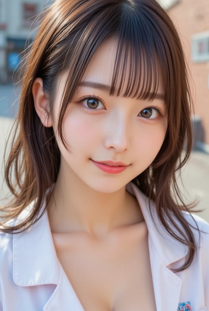 NFSW、masutepiece、​masterpiece、1 girl in、(close up of face、cowboy  shot)、Straight front view、japanes、very young cute woman、(The cutest girl in the world)、15yo student、Smaller face、large full breasts、autumn knit jacket、Sheer inner、Chiffon skirt、Ultra-detailed costumes、Smiling in a café、Scrunchie、Thin necklace、Glamorous figure、hyper cute face、shiny lip、Double eyelids in both eyes、 natural make up、long eyeslashes、shiny smooth light brown hair、bangss、Short twin tail hair、非対称なbangss、image in center、8K分辨率、high détails、Detailed hairstyles、A detailed face、spectacular movie lighting、octane renderings、with a vibrant、Ultra-realistic、Perfect limbs、perfect anatomia