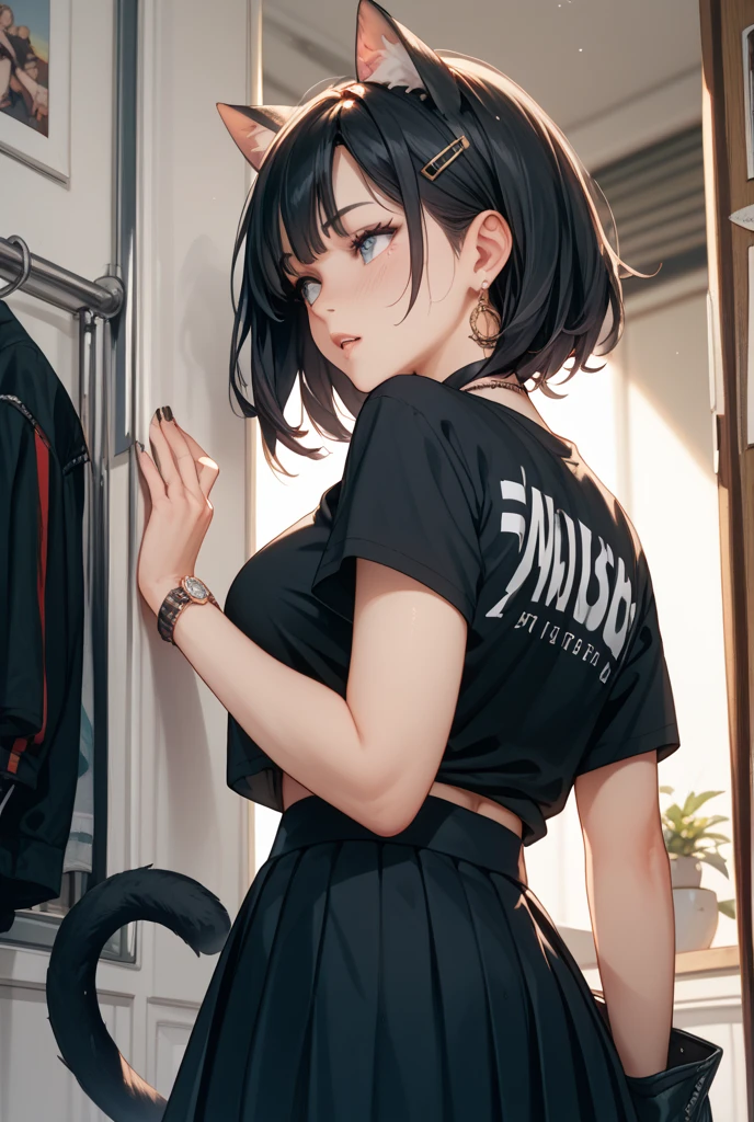 Fembyleth, 1girl, solo, standing, black t-shirt, white shirt, jeans, belt, lipstick, eyewear on head,