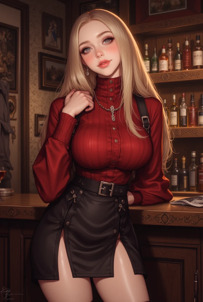 (best quality, ultra-detailed, photorealistic: 1.39), bright and vibrant colors, studio lighting, romantic expression, short red dress, platinum long silver hair, flowing hair, big breasts, fit, Black, pleated high waist skirt, with black fishnet stockings, long-sleeved blouse, mercenary, At the bar, beautiful, sexy smile, face of 19 year old teenage girl in love