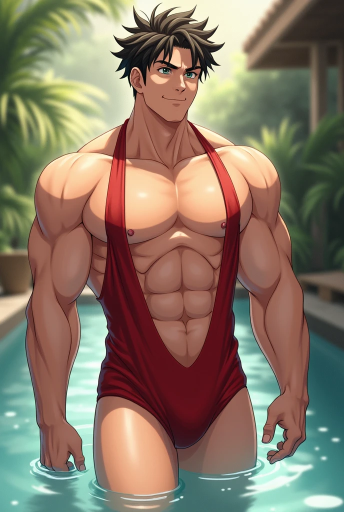 best quality, masterpiece, extremely detailed, sexy, homoerotic, extremely handsome asian man, muscular bodybuilder, massive shoulders, middle parting dark hair, translucent gstring thong straining from full erection bulge, in lush garden, very colorful flowers, extremely romantic atmosphere, ambient lighting, dramatic shadows, perfect face, perfect hand, perfection