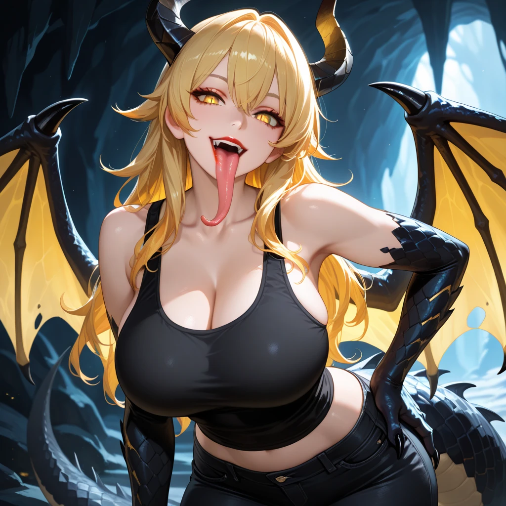 ((Highest quality)), ((masterpiece)), (detailed), (Perfect Face)、The woman is naked and wearing a black wedding dress decorated with gold, the devil queen Yuuki Asuna is a sexy female demon.、The woman is a female demon with magnificent devil horns, jet black devil wings and a jet black tail. She is looking at the camera with a happy expression, a demon named Yuuki Asuna, with brown medium long hair and the expression of a girl in love.、The woman is Yuuki Asuna