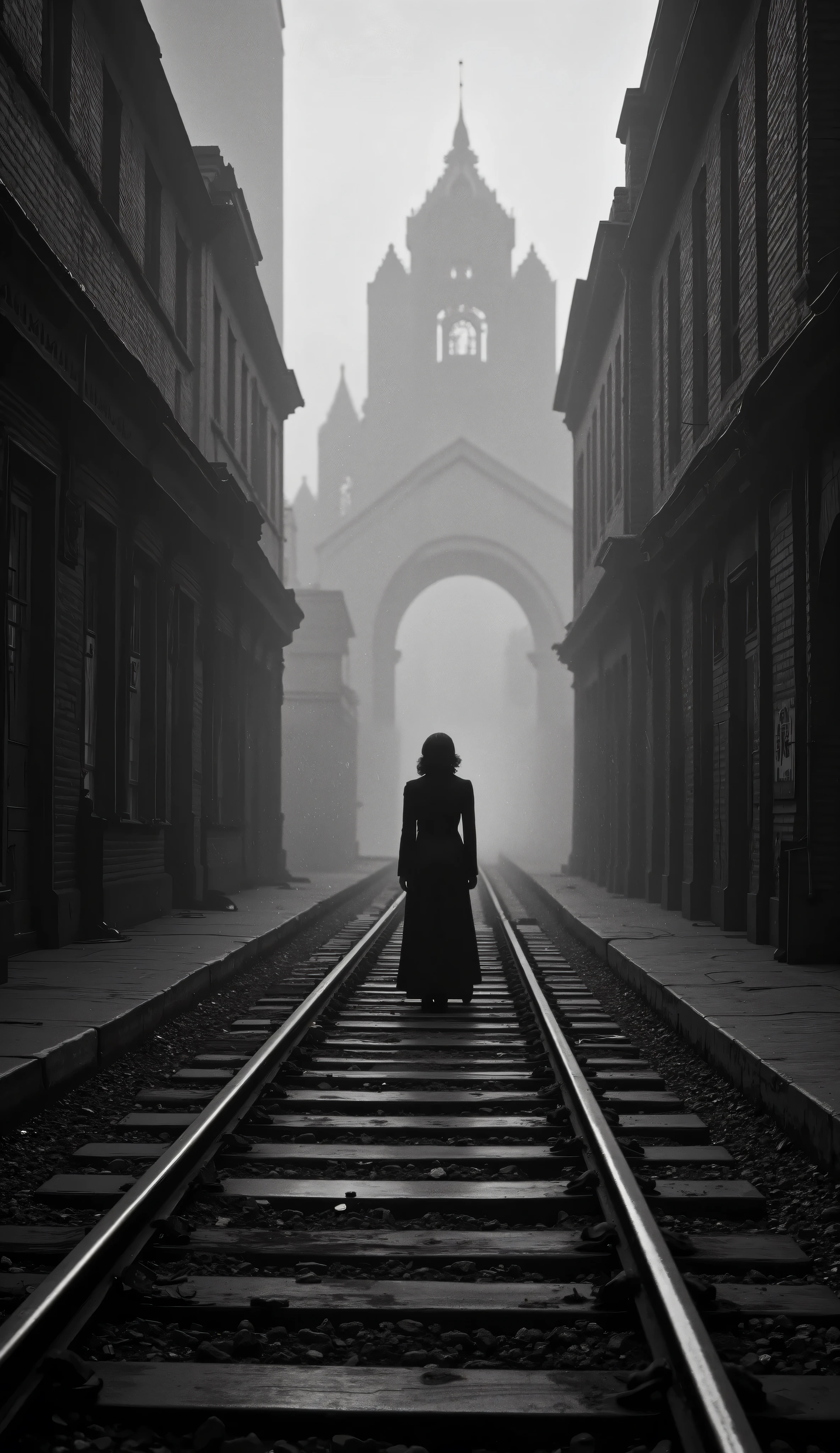 1925 Dramatic shot of the train track, track in which the ghostly and sinister figure in the distance of a dark woman, Faceless is floating on the, Cinematic, surreal style, with a dreamlike atmosphere.