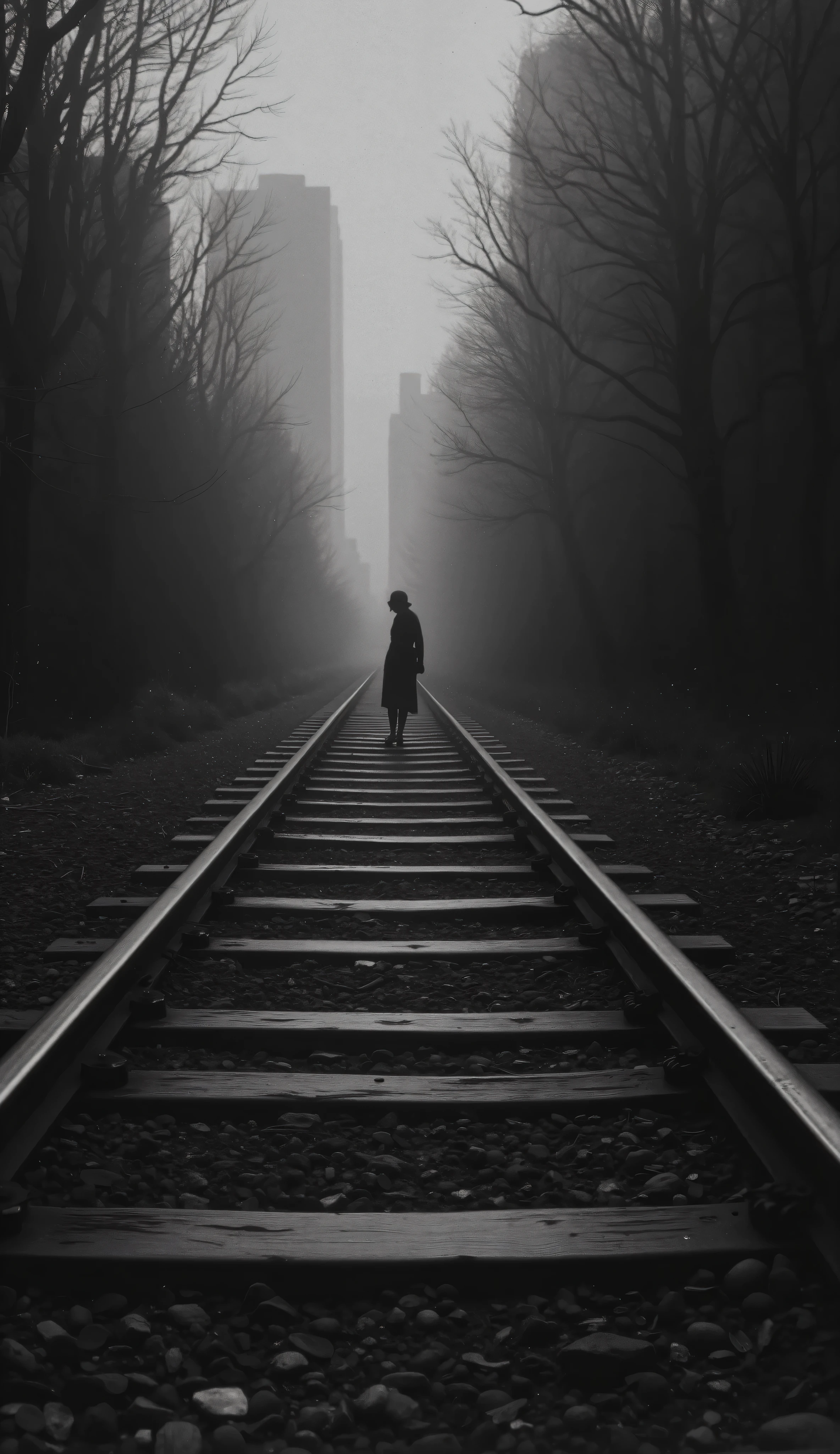 1925 Dramatic shot of the train track, track in which the ghostly and sinister figure in the distance of a dark woman, Faceless is floating on the, Cinematic, surreal style, with a dreamlike atmosphere.