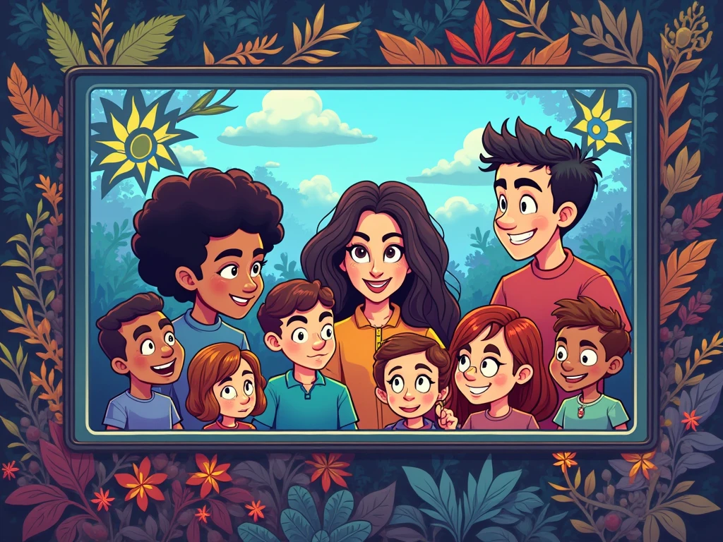 Family of readers, grandmother, grandfather, father, mother and children readers, sitting down for a family photograph