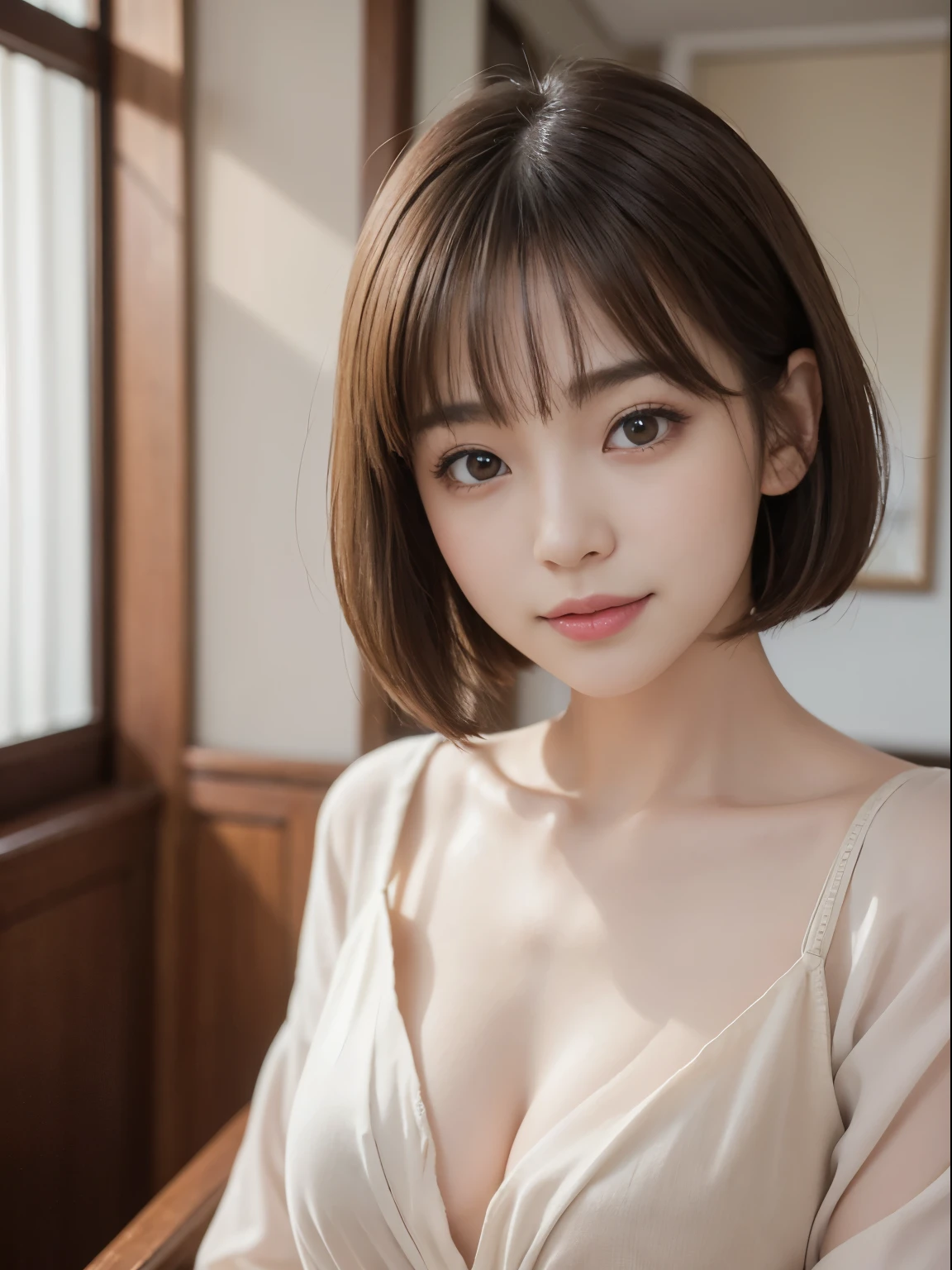 (masterpiece:1.3), high resolution, ultra detailed, extremely detailed CG unity 16k wallpaper, realistic, photo-realistic, RAW photo, super fucking beautiful detailed face, natural makeup, pale skin, realistic glistening skin, detailed cloth texture, detailed hair texture, beautiful detailed fullbody, Perfect female body, accurate, Anatomically correct, Highly detailed face and skin texture, natural neck length, (beautiful hands), (fair skin:1.1), (well-aligned teeth:1.1), ((beautiful large breasts, cleavage, upper breasts:1.3)), (thighs:1.2), (cowboy shot:1.3), (looking at viewer),
BREAK,
Detailed eyes, symmetric eyes, Light Brown eyes, Double eyelids, Thin eyebrows, (Glossy lips:1.4), ((A face with waiting for a kiss:1.2)), (blush:1.1), (A sparkling small hair accessory:1.1), (beautiful smile:1.1), (sweat skin,blush:1.2),
BREAK,
((short hair, bob, Dark blonde hair, bangs:1.2)),
(Wariza in the bedroom, school uniform:1.3)