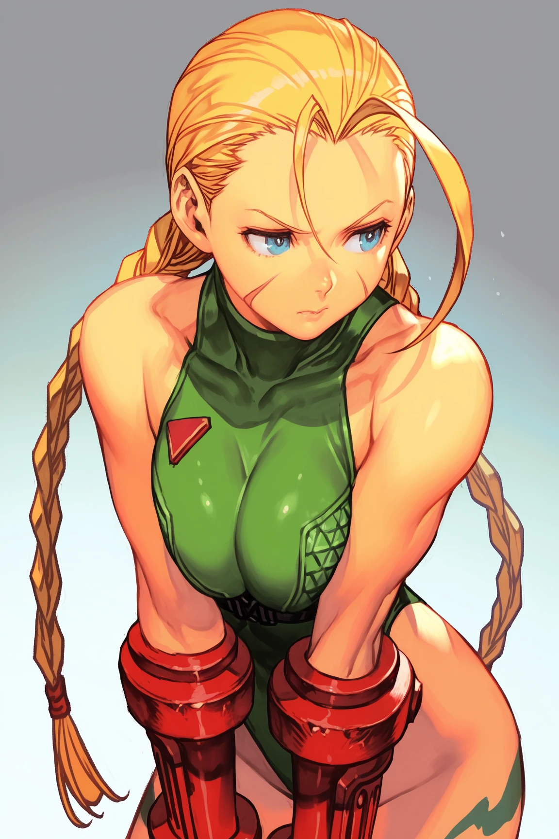Android 18 from Dragon Ball naked in a laboratory, orders, chained, beaten, frown