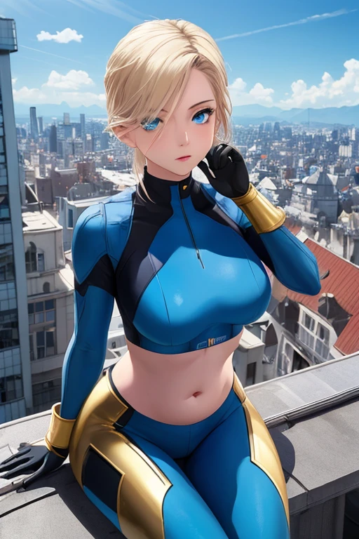 Android 18 from dragón ball sexy in blue panties, her vagina is painted transparent in future city , 8k