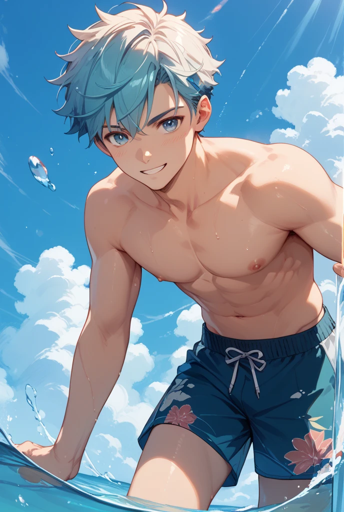 (best quality,4k,8k,highres,masterpiece:1.2),ultra-detailed,realistic,blue eyes,toned abs,full body,jewelry,focus on male,pectoral muscles,solo performance,swimming trunks,bare-chested male,barefoot,full body