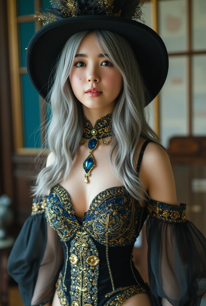  Fascinating_eye, mysterious_Performance, Mature Woman_exterior,Elaina showing her bra_(May_no_gossip), amazing, masterpiece, 4K,, One girl, feminine, beautiful, cup, Grey Hair, Big magic hat + Top is black、Inside is purple, 青いeye, White shirt, Yellow ribbon, Black Robe,, cute, View your viewers, smile, Magical girl, Background Medieval Europe, 光るeye, living, In front of the fireplace, Wearing a lot of gorgeous jewels
