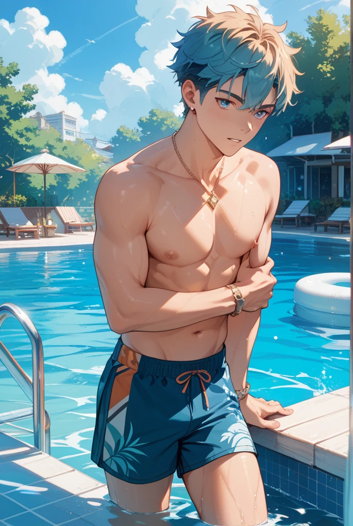 illustration style, cute boy, silver-haired blue-eyed rabbit ears, solo, rabbit ears, rabbit ears, sunny day, leisurely nap, sunny day, pool relaxation, inflatable float, carefree atmosphere, refreshing water, friendly, half pants, aloha shirt, open shirt, male body, refreshing water, gentle ripples, comfortable relaxation, tropical palm trees, blue sky, lazy afternoon, a quiet oasis,