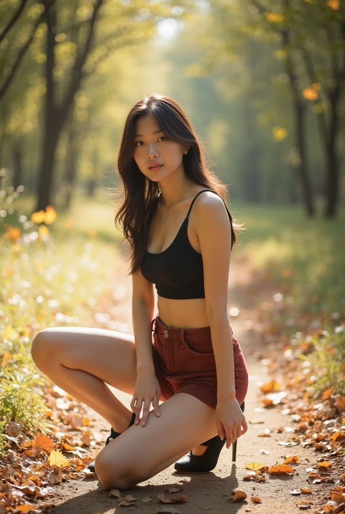 "Beautiful young woman, 30 years old, His long hair flowed up.,) bright dark green leather jacket,) Floating waist, abdomen moist, shiny, perfect and strong.,) ,sexy denim shorts,) chest.)  Album cover image by There are red flowers around.,) best quality, 10, height:1.2), 8K Special Details, (realistic:1.37), Portrait, Full body, Posing from different angles,, bright colors, Warm light, shot with a high quality camera 45,000,000,000,Pixels,