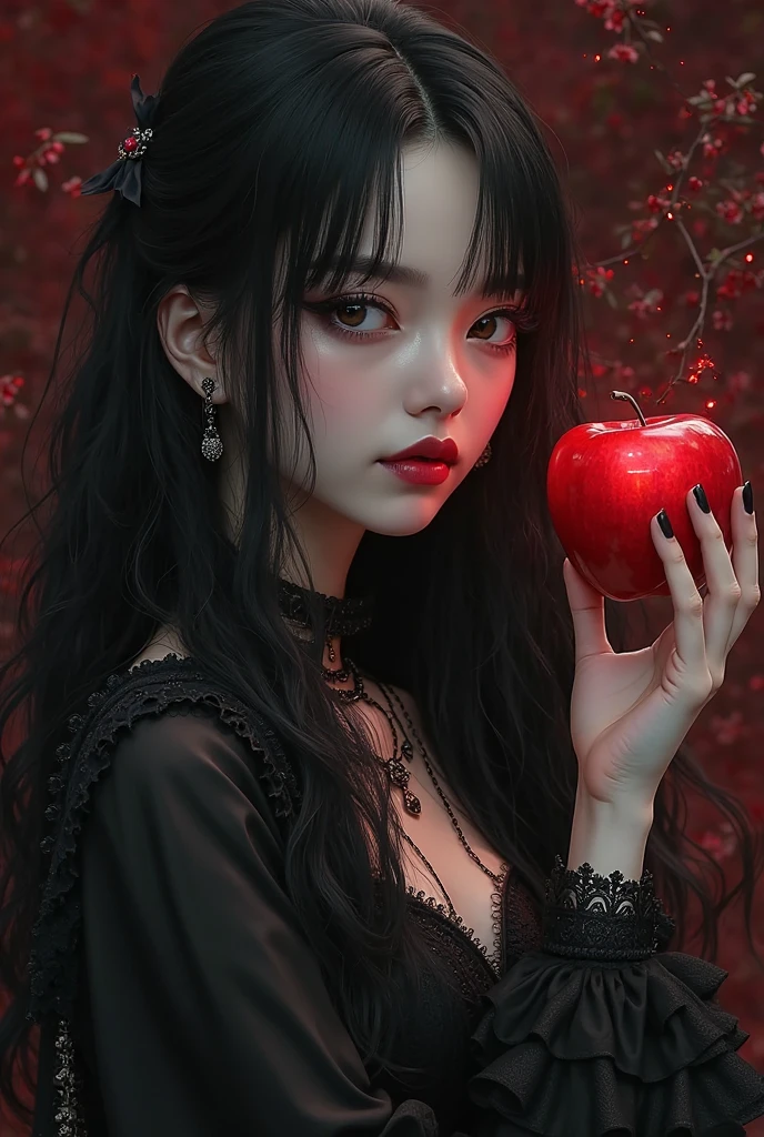 a beautiful young woman with long black hair, a black crown, and an apple in her hand, dark queen, detailed face, intricate black and red fantasy dress, ornate accessories, sinister witch, elegant red lips, anime style, (best quality,4k,8k,highres,masterpiece:1.2),ultra-detailed,(realistic,photorealistic,photo-realistic:1.37),dark fantasy,dramatic lighting,dark moody colors,cinematic