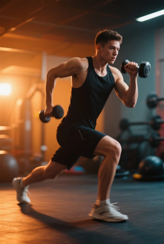 a single boy in anime style lifting weights, well-defined contours, vibrant colors, white background.