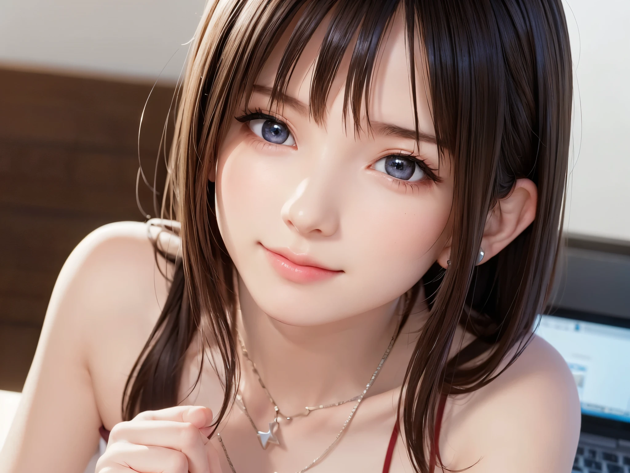 (RAW photo:1.2), (photorealistic:1.4),(masterpiece:1.3),(best quality:1.4),ultra high res,(detailed eyes),(detailed facial features),(detailed clothes features),HDR,8k resolution, solo focus, bangs, skin tight, (shiny skin),(slender girl),dreamlike,
(extreme detailed illustration),check commentary,commentary request,scenery,no text,
<lora:VirtualGirl-Aim_v2:0.5>,VirtualGirl-Aim, medium breasts, straight hair, long hair, black hair, black eyes,
1girl, upper body,
crystal pendant,
Gorgeous white wedding dress,
cute, sexy,
(smile),