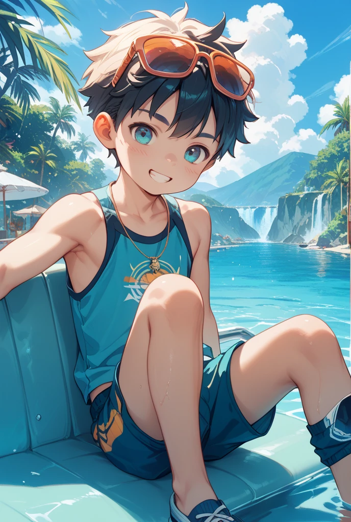 anger,Shota,swim,(best quality),(masterpiece),Wear only transparent thongs,no shirt,No coat,lying in water