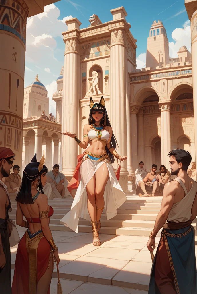 slim-thicc, beautiful, callipygian, fertile, desert princess, naked, jeweled harness, decorated belt, barsoom, milf, silks, Arrakis, Tatooine, Red Planet, ochre skin, luxurious fancy dark hair, exposed breasts, royalty, queen and princess surrounded by muscular naked male attentants