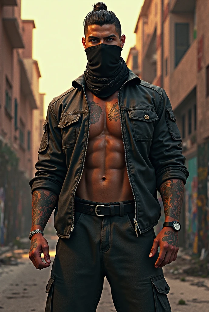 A capoeira fighter with a black head and a black mask on his face. A shirtless black man. A full body fighter with scars all over his body.