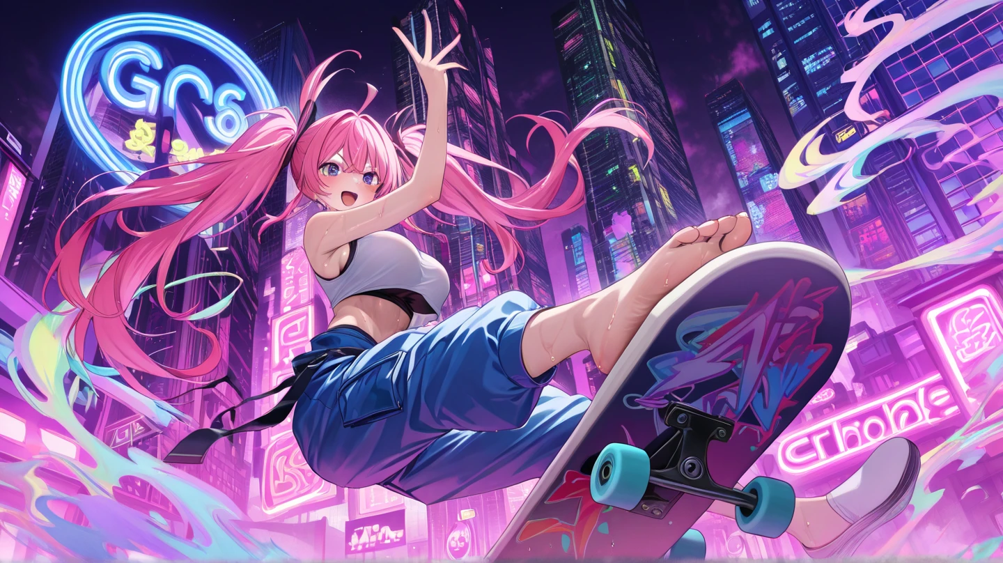 

Brightly colored anime style, rough and intense illustration of Pink-chan, a 20-year-old anime style character, jumping high in the sky on a skateboard. The background depicts a skateboard park with elements of breakdancing high in the sky, dynamically jumping high into the sky. The image is a dynamic and lively angle from below, using thick, exaggerated lines and brush strokes to emphasize speed and action. Pink-chan has medium-length pink hair with blue highlights, light blue eyes, and a small mole next to her left eye. She has a slim figure of about 150 cm tall and wears a modern white hoodie and a blue butterfly hair ornament. The background is an urban skate park, painted with a rough hand-drawn aesthetic, which heightens the sense of wild energy and movement.