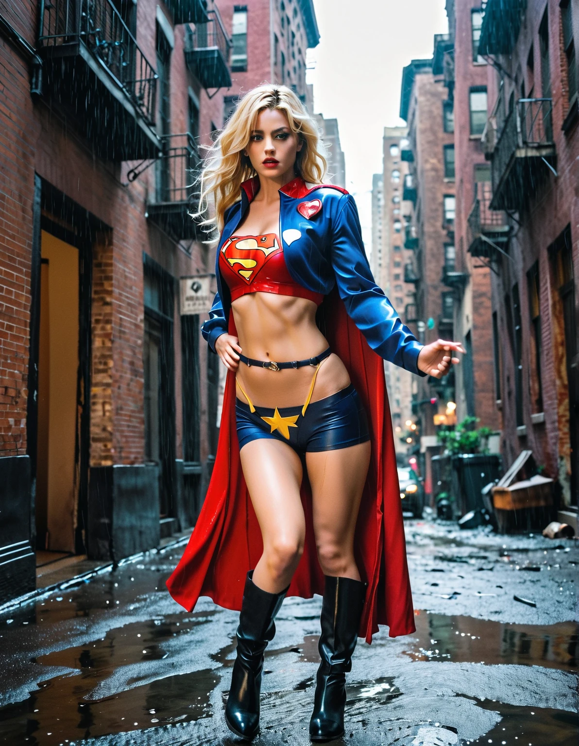 High waist potrait, Tattoos woman, heavy chest, no clothes, art by Mandy Disher, 8k digital art, art by gray cameron, sinful Indian supergirl in a café, standing on a street curb, in delhi Stunning Indian Supergirl girl, fantastic face, beautiful look, blonde hair, detailed, ultra focus, illuminated face, detailed face, 8k resolution, watercolor, razumov style. art by Razumov and Volegov, art by Carne Griffiths and Wadim Kashin rutkowski repin art station hyperrealism painting concept art of detailed character, 4k resolution blade runner, with S of superman in the panties or chest. blonde.