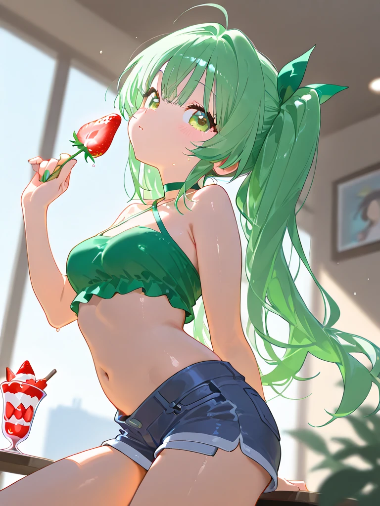 (Chibi:1.15),girl,blush,(swirly green hair:1.35),(Fluffy twin tails:1.2),(braid:1.25),(chef's hat:1.3),(A big smile:1.35),(green heart-like eyes:1.3),(smiling with open mouth:1.25),(A fantasy atmosphere in which kitchen utensils such as ladles, frying pans, and pots float in the air.:1.25),(Ruffled naked apron:1.4),(Cute pose with hand on side of face:1.3),(Burikko:1.3),(close up of face:1.4),(Brightness:1.35),(Gentle sunlight:1.25),(Steam charging:1.25),(Nude body covered in white cream:1.3),(Cute stuffed animals and sweets are flying around:1.3),(Colorful and cute POP atmosphere:1.2),(big breasts),(outdoor kitchen:1.4),(valley:1.4),(NSFW:1.3),(vagina:1.3),(perspective from behind:1.4),(perspective from below:1.35),(squat with spreading leg:1.3),