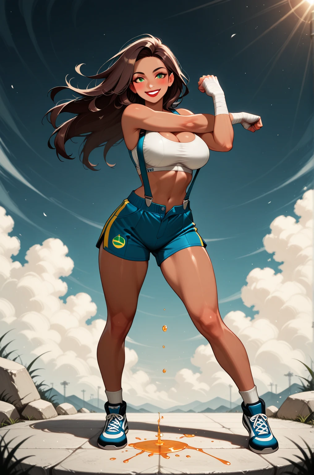 (high quality, best rendering), (beautiful girl), Blue Eyes, black hair(bombshell, pin-up style), psychopath, crazy face, sexy pose, jean short shorts, tank top, pastel, centered, scale to fit dimensions, micro thong, micro bikini, camel toe