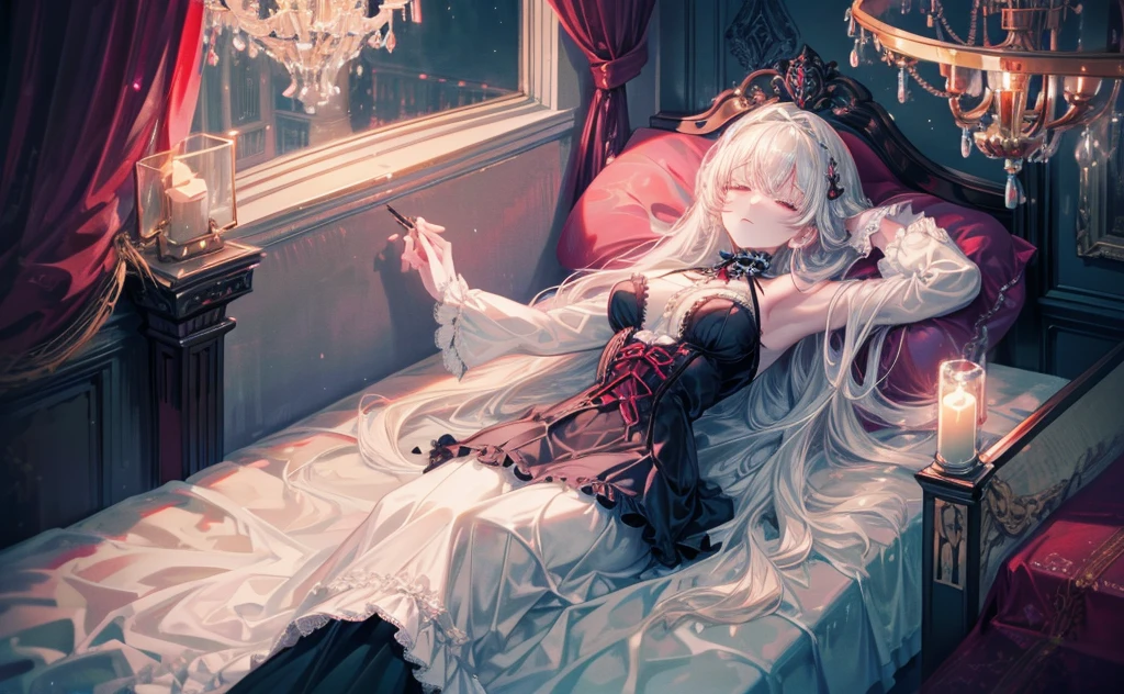 a beautiful woman with long white hair lying seductively on a bed, biting her lower lip and looking directly at the camera, extremely detailed face and eyes, delicate skin, elegant silk bedsheets, dramatic lighting, cinematic composition, photorealistic, 8k, high quality