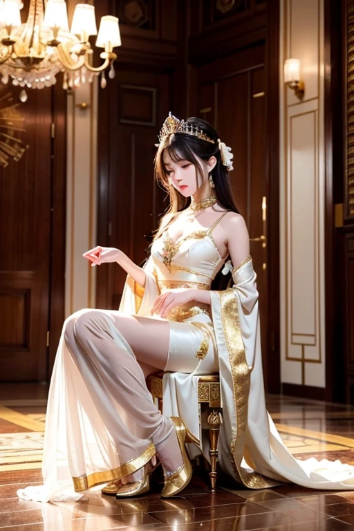 Sitting on the throne was a young and handsome oriental man, dressed in Hanfu, majestic, like an emperor. A beautiful black-haired oriental woman sits on the man's lap, leans her upper body in his arms, raises the wine glass to his lips, crosses her legs, stretches out from the man's thigh horizontally, and rests on the side of the throne on the armrest. The woman has white skin and a slender figure. She is wearing a coquettish and revealing Hanfu, revealing her collarbone and long legs. She is wearing sandals. The heel of one sandal is dangling in the air and is about to fall off.