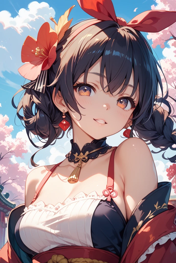 Girl, black hair not very small breasts, black chinese dress, garter tied to his leg, flying in air, detailed purple eyes, short hair, long braided hair, thigh gap, happy red cheeks, hair ornament, you can see the vagina under the dress 