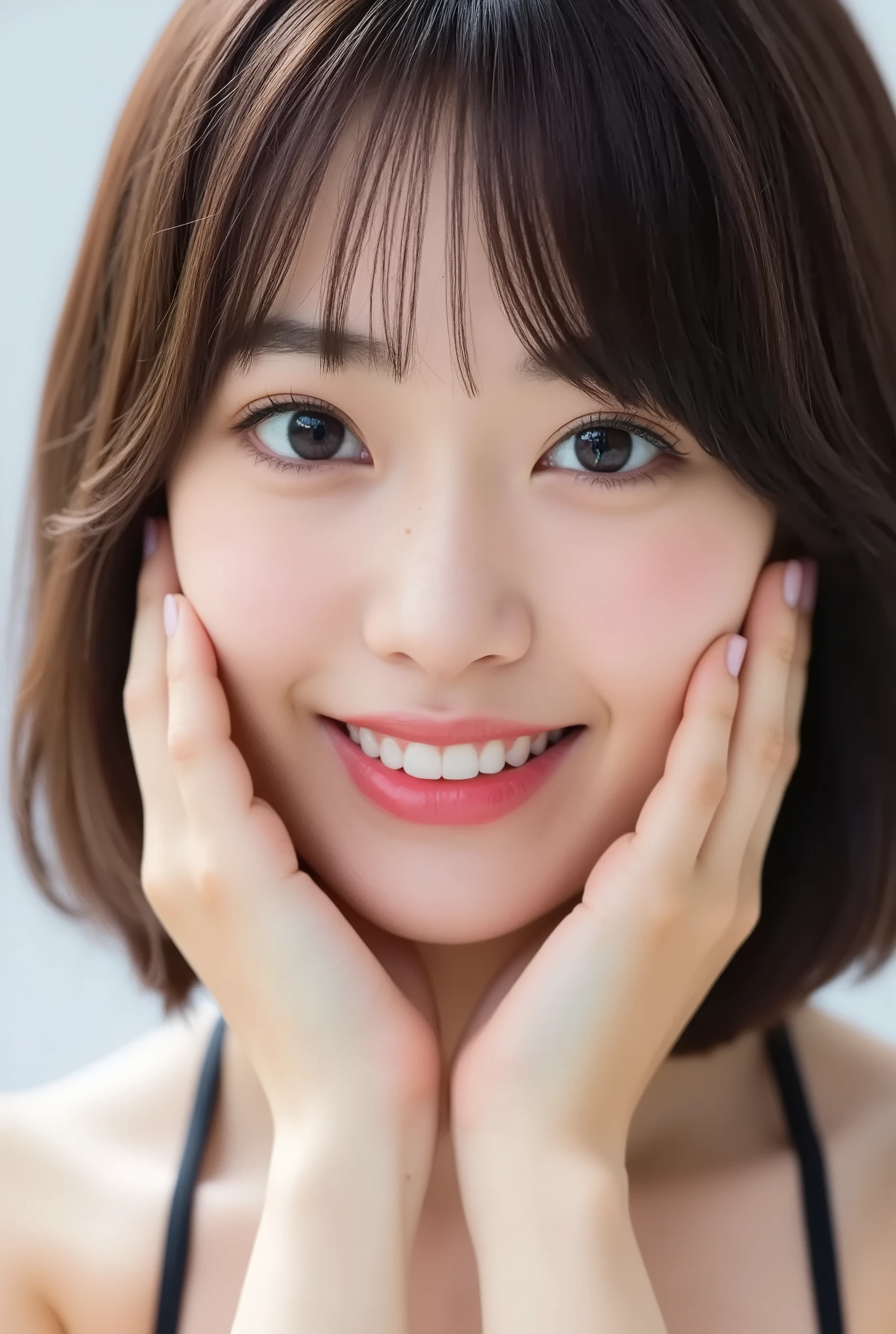 extreme close-up portrait, beautiful girl with her love-struck, radiant face filling the entire frame (95% face ratio), gently placing both open hands on her flushed cheeks with soft fingers, soft black camisole, white blurred background, eyes dreamy and half-lidded, deeply adoring gaze fixed straight at the viewer, irises ultra-detailed with intricate rainbow reflections and glowing catchlights, moist and sparkling eyes as if about to tear up from overwhelming joy, soft melting smile revealing slightly parted lips and upper teeth, skin with visible soft pores, realistic skin texture with warm lighting and subtle shadows, delicate eyelashes, glossy lips with natural highlights, cheeks glowing with deep blush, cinematic soft lighting, lifelike expression full of romantic euphoria, overflowing with happiness, warmth, and pure affection, subtly tilting her head as if whispering a name in total bliss, ultra photorealistic, masterpiece, 8K, hyperreal detail, skin pores, detailed iris texture, cinematic mood
