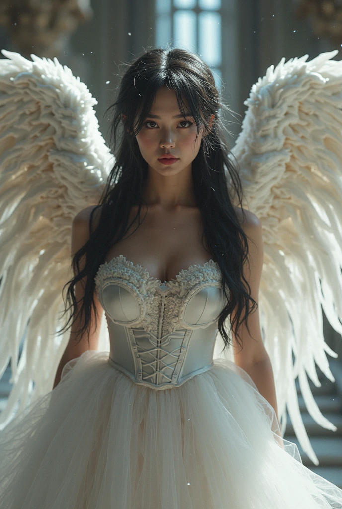 (8k, Foto CRU, melhor qualidade, Senhor:1.2), (realista, photo-realista:1.37) Uma jovem loira com vestido branco com asas, the wing on the right is that of a devil and the wing on the left is that of an angel, Half angel half demon, symmetrically divided in half between angel and demon, hands hold a heart floating in the middle of the chest