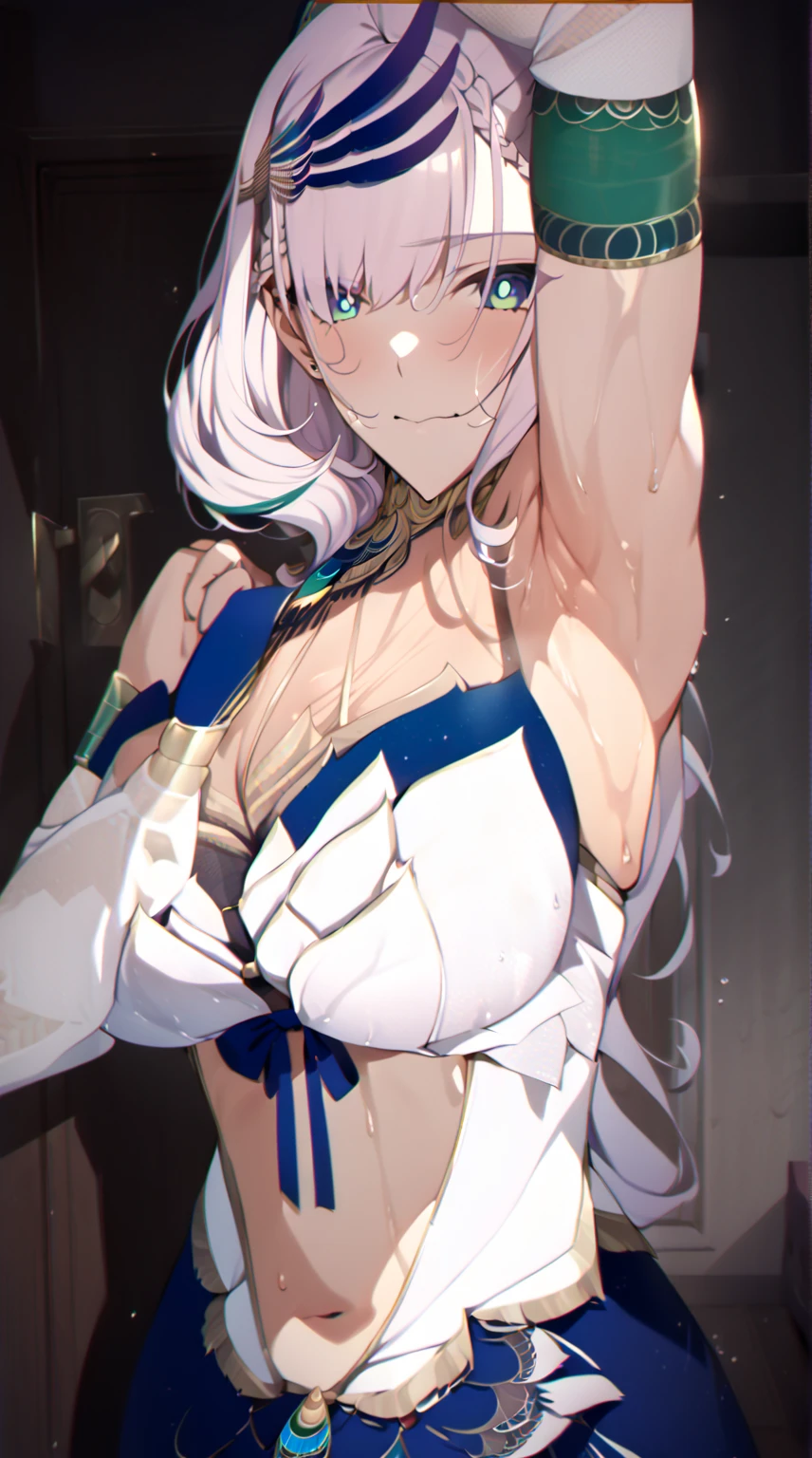NSFW,official art, unity 8k wallpaper, Super detailed, masterpiece, highest quality, 1 female, (very detailed),(Raw photo、highest quality)、super detailed skin 、Statuesque、 high detail、Japanese, (very detailed肌:1.2)、dynamic angle, cowboy shot, 超A high resolution, 8K , film grain, Fine skin texture, detailed face, small face, intricate details, Super detailed, shine, please reconsider、 beautiful face、25 year old beautiful girl、shiny skin ,(oily skin) ,dark brown skin 、wet see-through micro white bikini、((large breasts)), slender, (cameltoe) , (white hair) , leaning back, bottomless ,