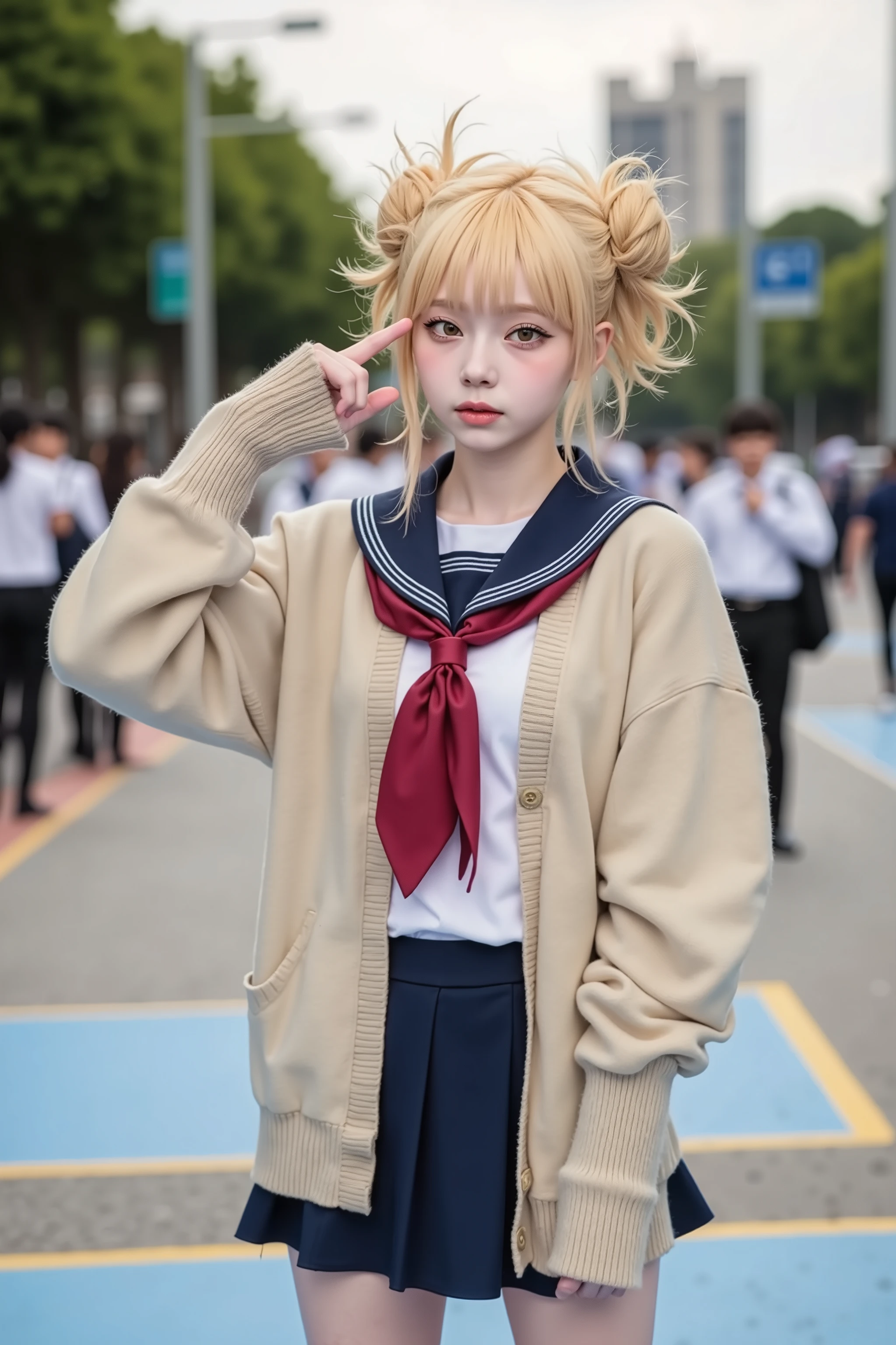 masterpiece, Highest Quality, complicated details, super real, realistic, Front-Facing Angle, 1 girl on break day, Unsuitable Smile, ridicules, (full body, slim figure with low fat content, Slim), platinum blonde hairstyle, twin tails, short hairstyles, (super mini beige cardigan, Super mini uniform, Navy blue super mini skirt), trained abs, Thin Waist, belly button, constricted, beautiful thigh, thin legs, Black school shoes, (pointing with both hands pose, right hand, Long straight fingers), school ground, summer