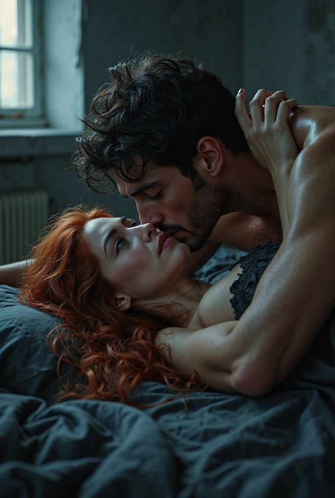 Redheaded woman having sex with a man with black hair, both naked with his dick in the woman's vagina on a bed, both
