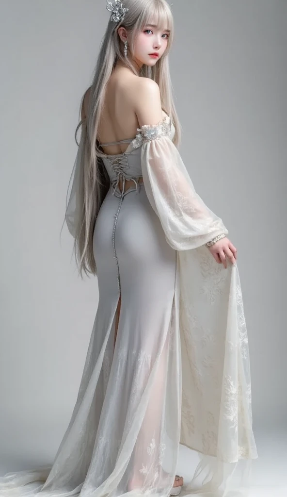 Full length, White hair, narrow face, grey-eyed, Kizi, 1, slender figure, olhos amendoados, button nose, fleshy lips, European appearance, ultra highly intricate detailed, black eyeliner, summer dress, Over-the-knee boots, professional photograpy, ultra sharp focus, Very beauthful