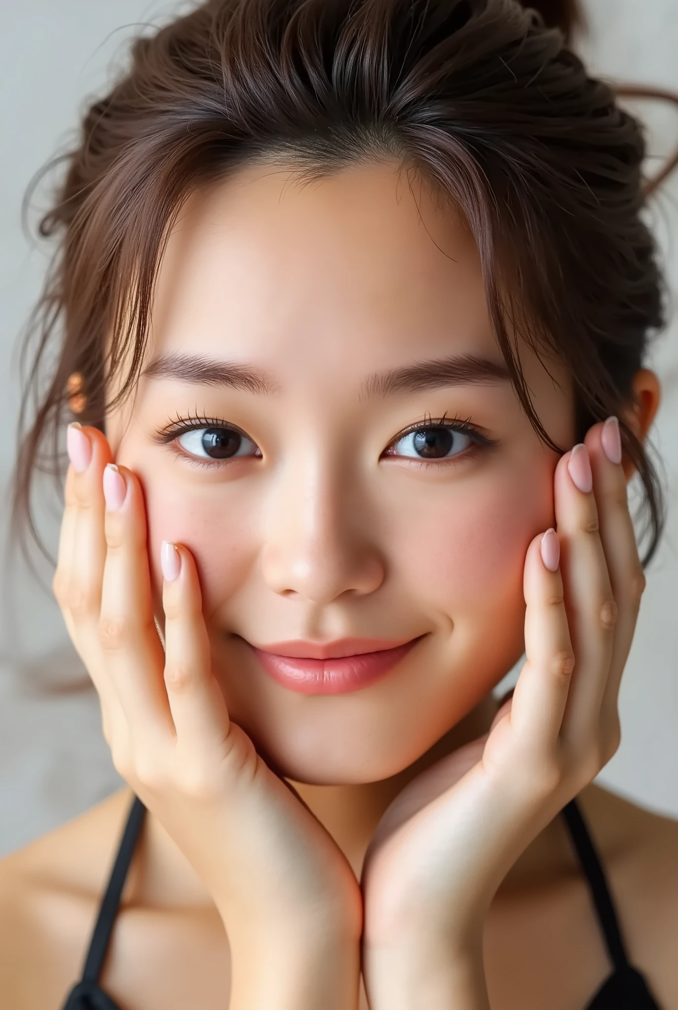 extreme close-up portrait, beautiful girl with her love-struck, radiant face filling the entire frame (95% face ratio), gently placing both open hands on her flushed cheeks with soft fingers, soft black camisole, white blurred background, eyes dreamy and half-lidded, deeply adoring gaze fixed straight at the viewer, irises ultra-detailed with intricate rainbow reflections and glowing catchlights, moist and sparkling eyes as if about to tear up from overwhelming joy, soft melting smile revealing slightly parted lips and upper teeth, skin with visible soft pores, realistic skin texture with warm lighting and subtle shadows, delicate eyelashes, glossy lips with natural highlights, cheeks glowing with deep blush, cinematic soft lighting, lifelike expression full of romantic euphoria, overflowing with happiness, warmth, and pure affection, subtly tilting her head as if whispering a name in total bliss, ultra photorealistic, masterpiece, 8K, hyperreal detail, skin pores, detailed iris texture, cinematic mood