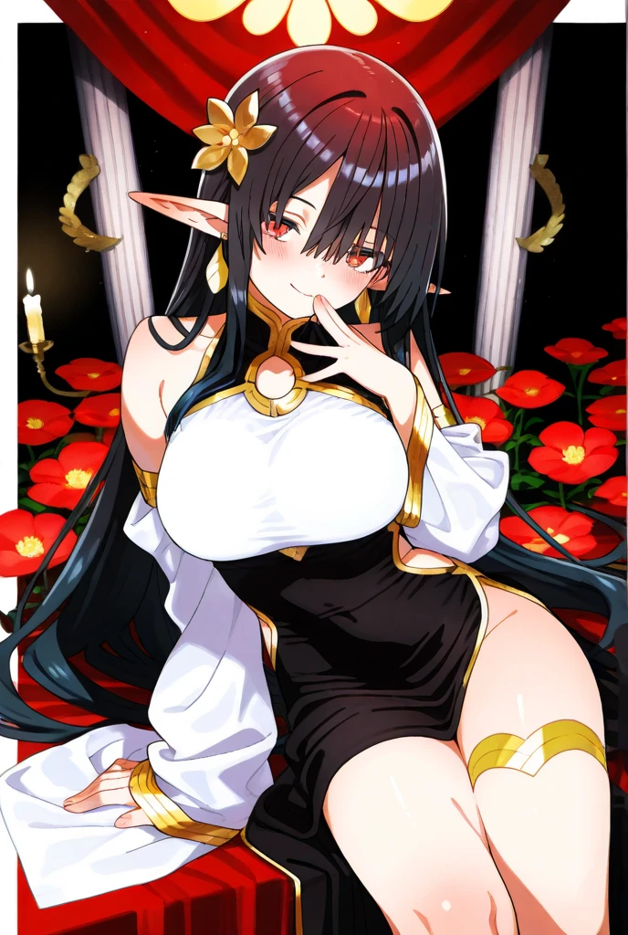 Yol, 1girl, 独奏, doress, length hair, breastsout, Look at viewers, bangss, hair adornments, Arms behind, cowboy shot, Black dress, bare shoulders, jewely, Mouth closed, florals, side locks, shairband, 耳Nipple Ring, sleeveless, black thighhighs, flower in hair, Black dress, Zettai Ryoiki Floating Hair, cparted lips, Gold Hair Band, (Spread your legs apart), sitting on, Black background, bloods background、top-quality、An ultra-high picture quality、are visible、Beautiful nipples、Beautiful areola、in her 20s